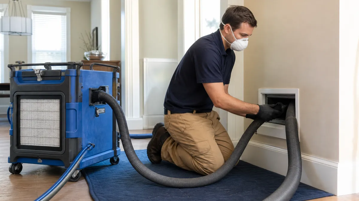 Technician performing source-removal duct cleaning with a HEPA negative-air machine