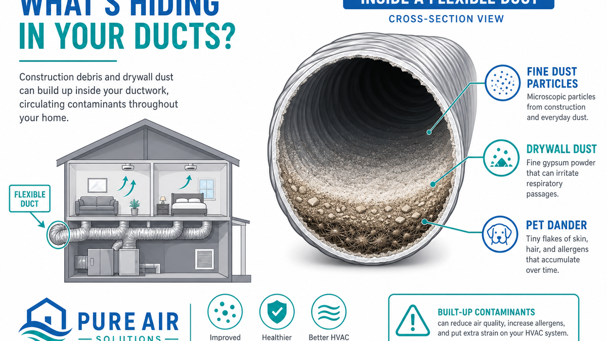 Construction debris and drywall dust accumulated in residential ductwork