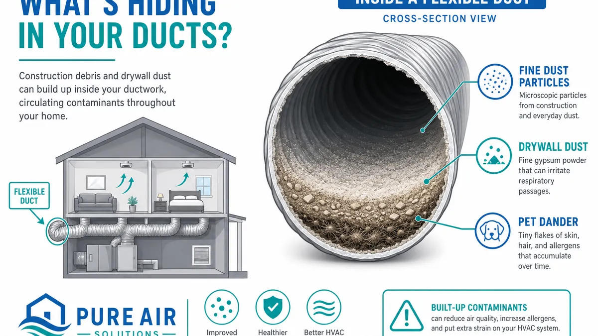 Construction debris and drywall dust accumulated in residential ductwork