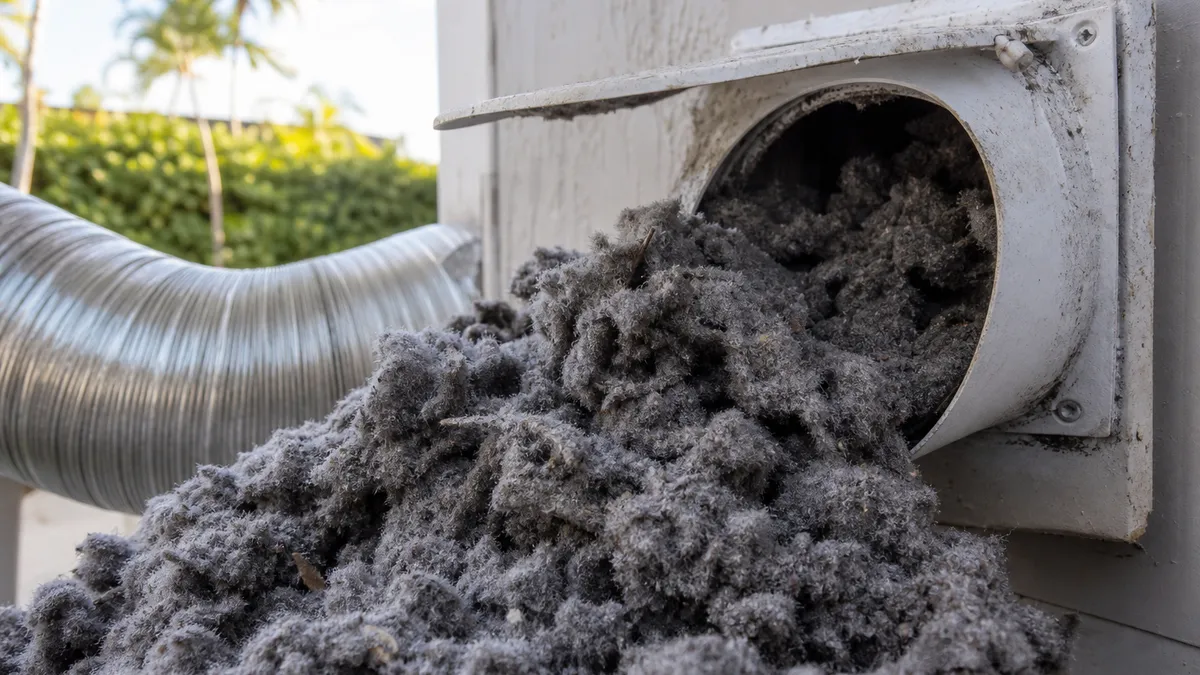 A clogged dryer vent with lint buildup and warning signs