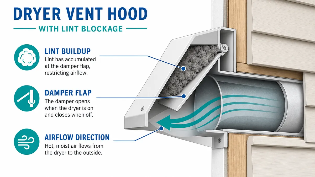 Dryer vent hood on exterior wall with lint blockage at the damper
