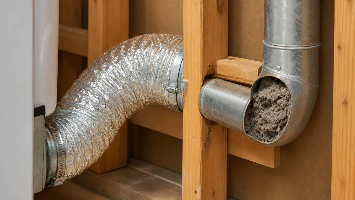 Diagram of dryer vent airflow restriction and heat buildup from lint
