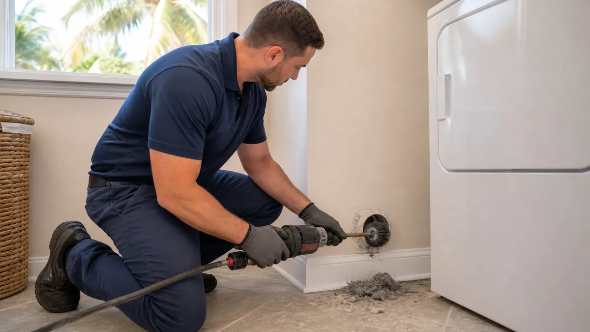 Technician cleaning a dryer vent duct with a rotary brush in a Florida home