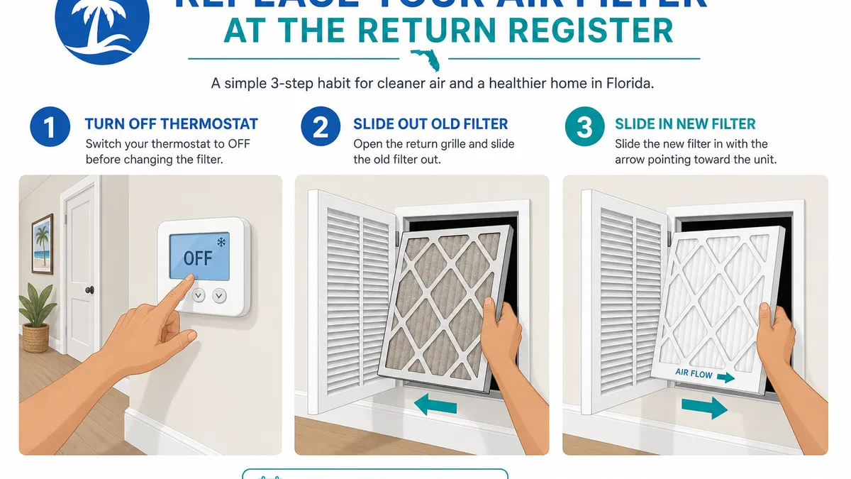 Step-by-step diagram of replacing a pleated air filter at a return register